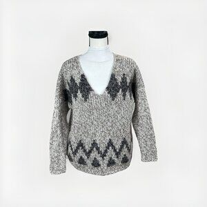 Wallace Chunky V-Neck Wool Mohair Blend Pullover Sweater Gray Beige Size Medium